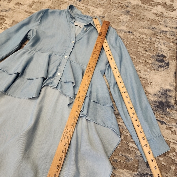 Zara Blue Chambray Asymmetric hi low button front long sleeve shirt. Size medium - Picture 8 of 14